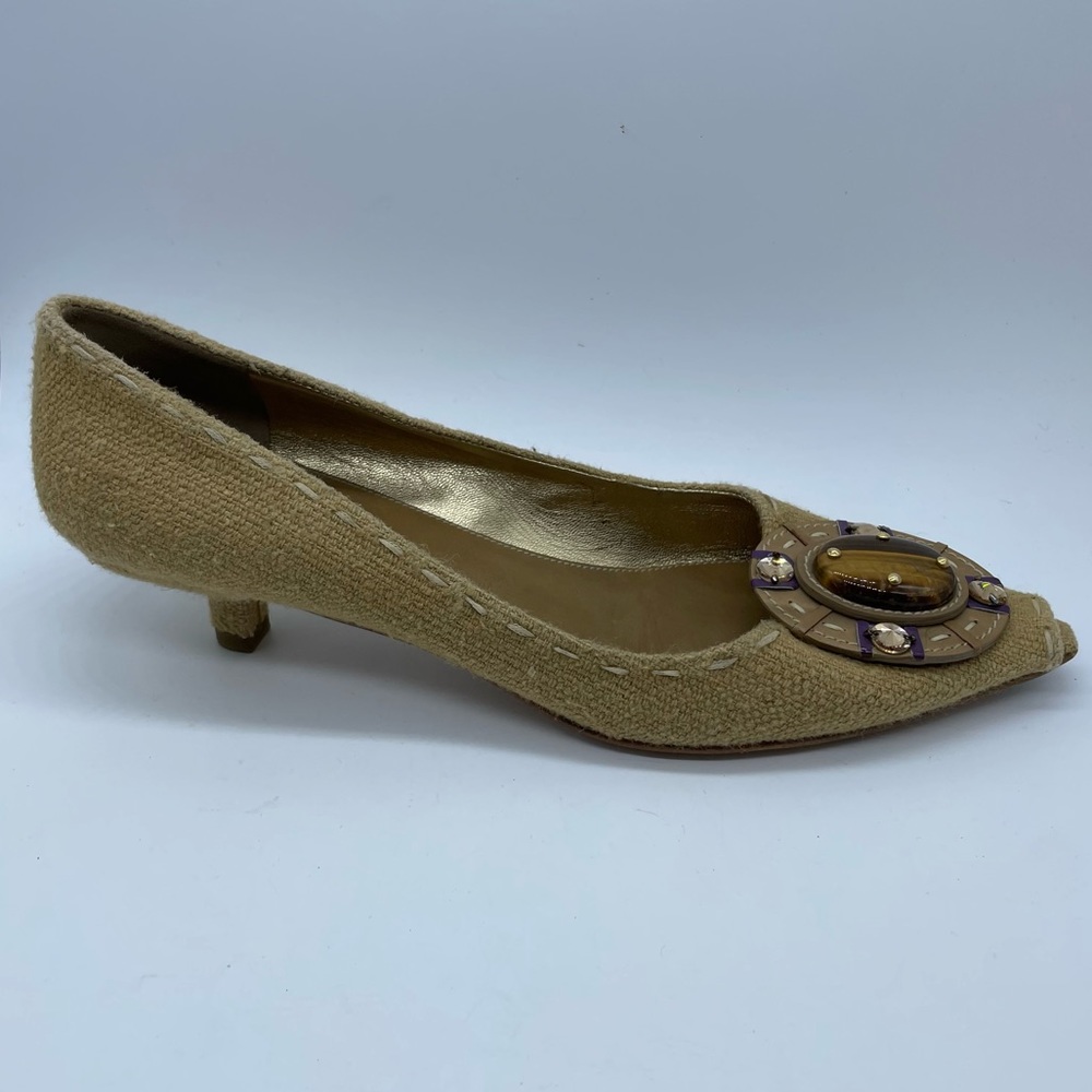 Prada Tan Heels with Gold and Brown Accents